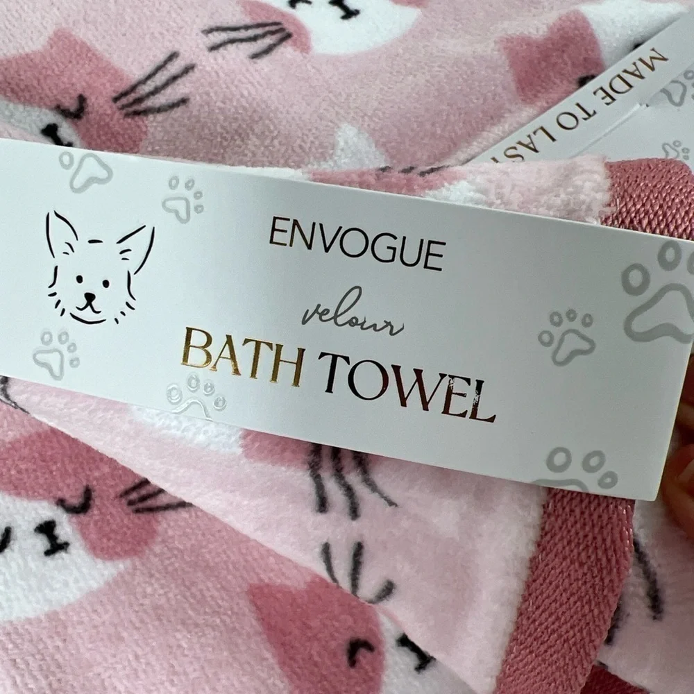 ENVOGUE Cat Kitten Bath Towels Pink White Cotton Velour Soft Set of 2 NEW